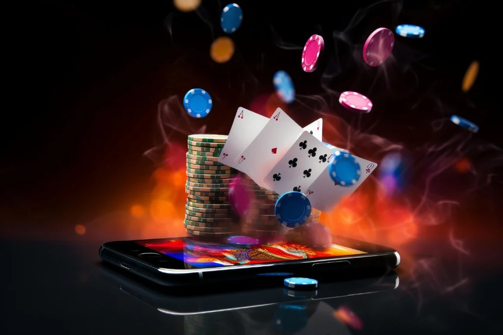 Telefon pintar gaya lama di permukaan reflektif gelap dengan kad permainan dan cip poker yang meletus dari skrin, cahaya oren dan asap—menggambarkan permainan kasino mudah alih pada perkakasan Android lama.