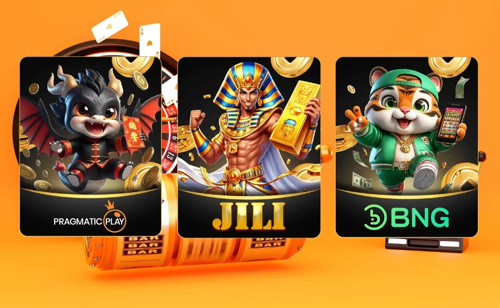 Sepanduk promosi tiga kad penyedia slot—Pragmatic Play naga dengan angpao, JILI firaun dengan emas, BNG harimau dengan telefon jackpot—latar oren dengan mesin slot, roda roulette, kad dan syiling.
