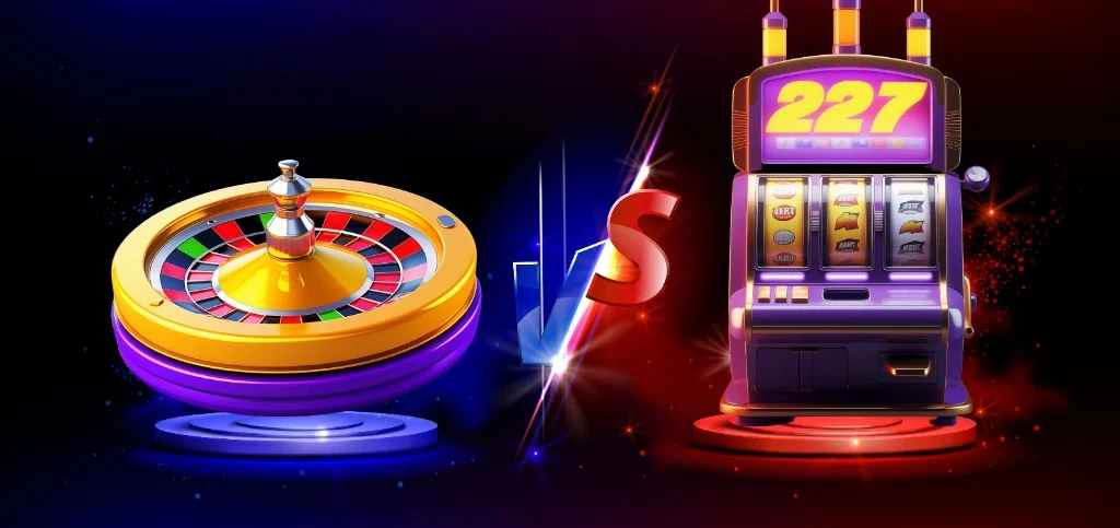 3D split banner: European roulette on cool blue, classic slot on warm red, large VS in the center — live casino vs RNG visual