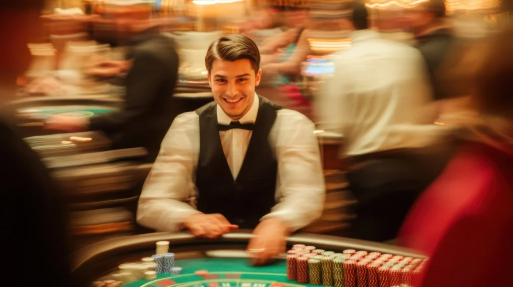 Professional live casino dealer at a green felt table with chips, warm casino lighting