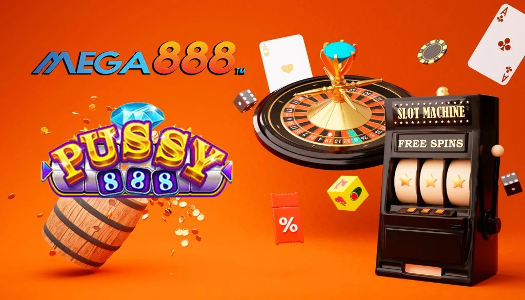 Sepanduk promosi untuk slot dalam talian Mega888 dan Pussy888 menampilkan mesin slot 3D, roda roulette, kad permainan dan syiling emas pada latar belakang oren.