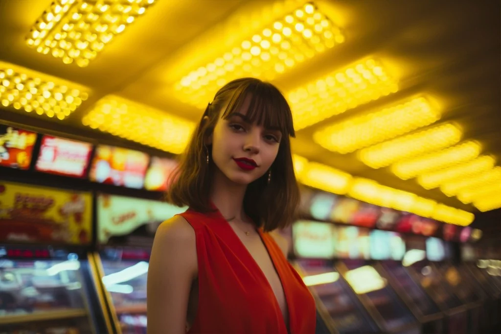 Woman in a red dress in a bright slot hall with golden ceiling lights, casino promotions atmosphere